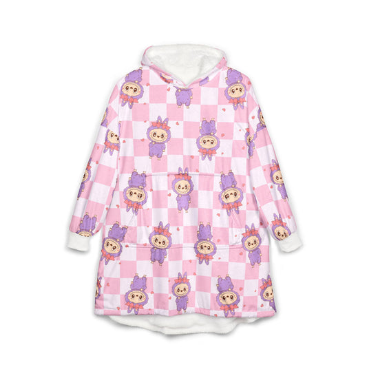 Labubu Hooded Blanket: Soft Polyester Fleece, Kangaroo Pocket
