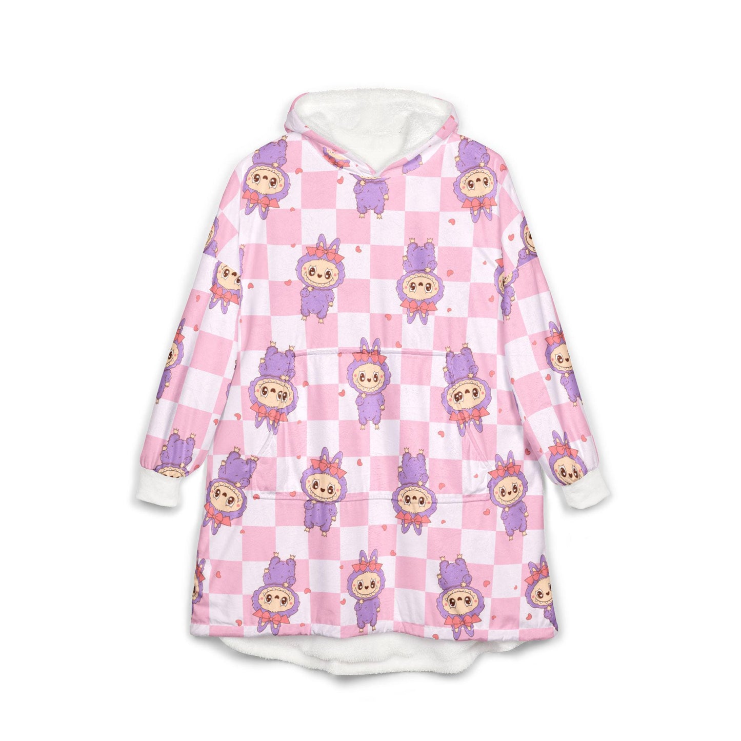 Labubu Hooded Blanket: Soft Polyester Fleece, Kangaroo Pocket