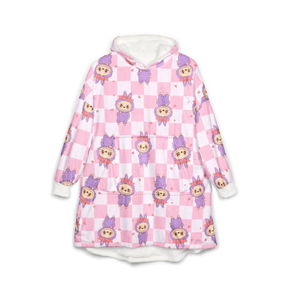 Labubu Hooded Blanket: Soft Polyester Fleece, Kangaroo Pocket