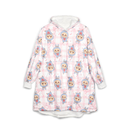 Labubu Hooded Blanket: Soft Polyester Fleece, Kangaroo Pocket