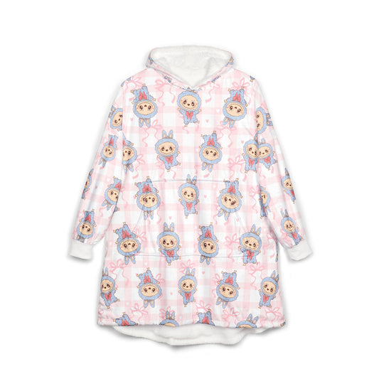 Labubu Hooded Blanket: Soft Polyester Fleece, Kangaroo Pocket