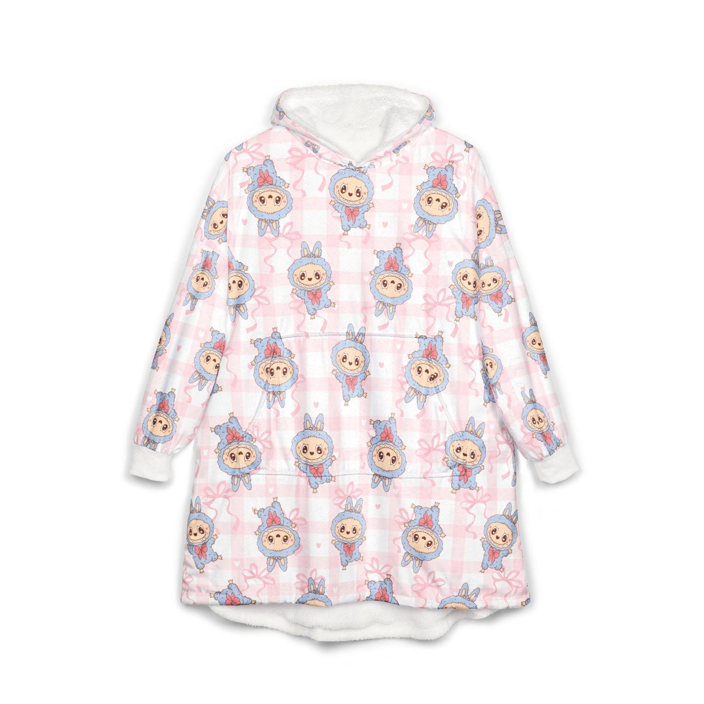 Labubu Hooded Blanket: Soft Polyester Fleece, Kangaroo Pocket