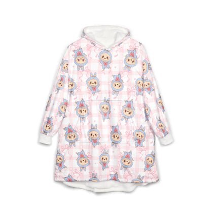 Labubu Hooded Blanket: Soft Polyester Fleece, Kangaroo Pocket