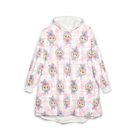 Labubu Hooded Blanket: Soft Polyester Fleece, Kangaroo Pocket