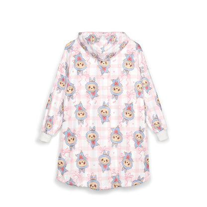 Labubu Hooded Blanket: Soft Polyester Fleece, Kangaroo Pocket