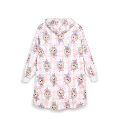 Labubu Hooded Blanket: Soft Polyester Fleece, Kangaroo Pocket