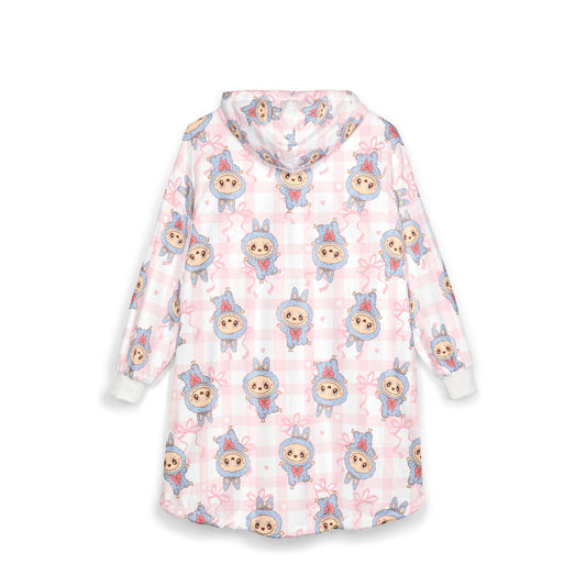 Labubu Hooded Blanket: Soft Polyester Fleece, Kangaroo Pocket