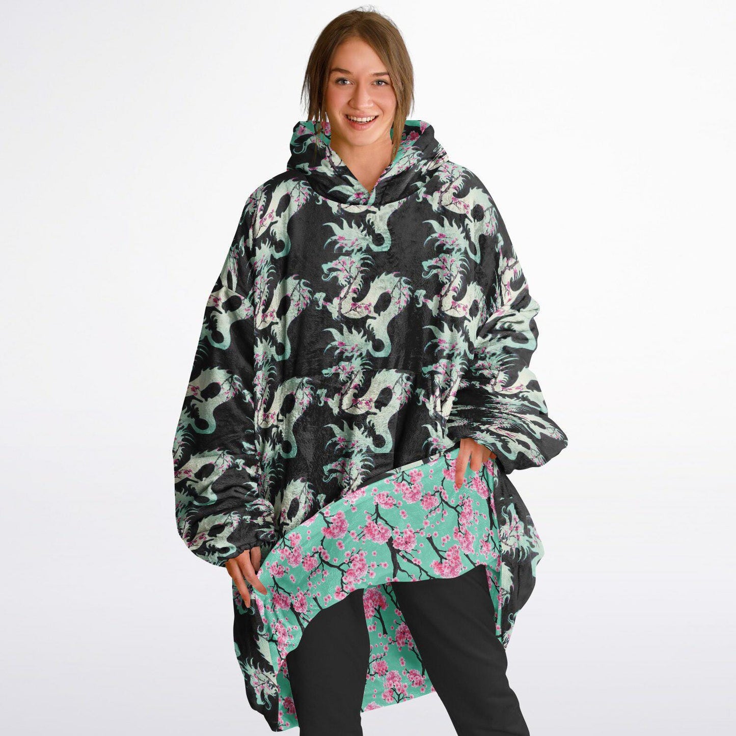Reversible Snug Hoodie Arizona Green Tea Print Fluffy Hoodie Floral Wearable Blanket with Hood Cherry Blossom Giant Snuggie