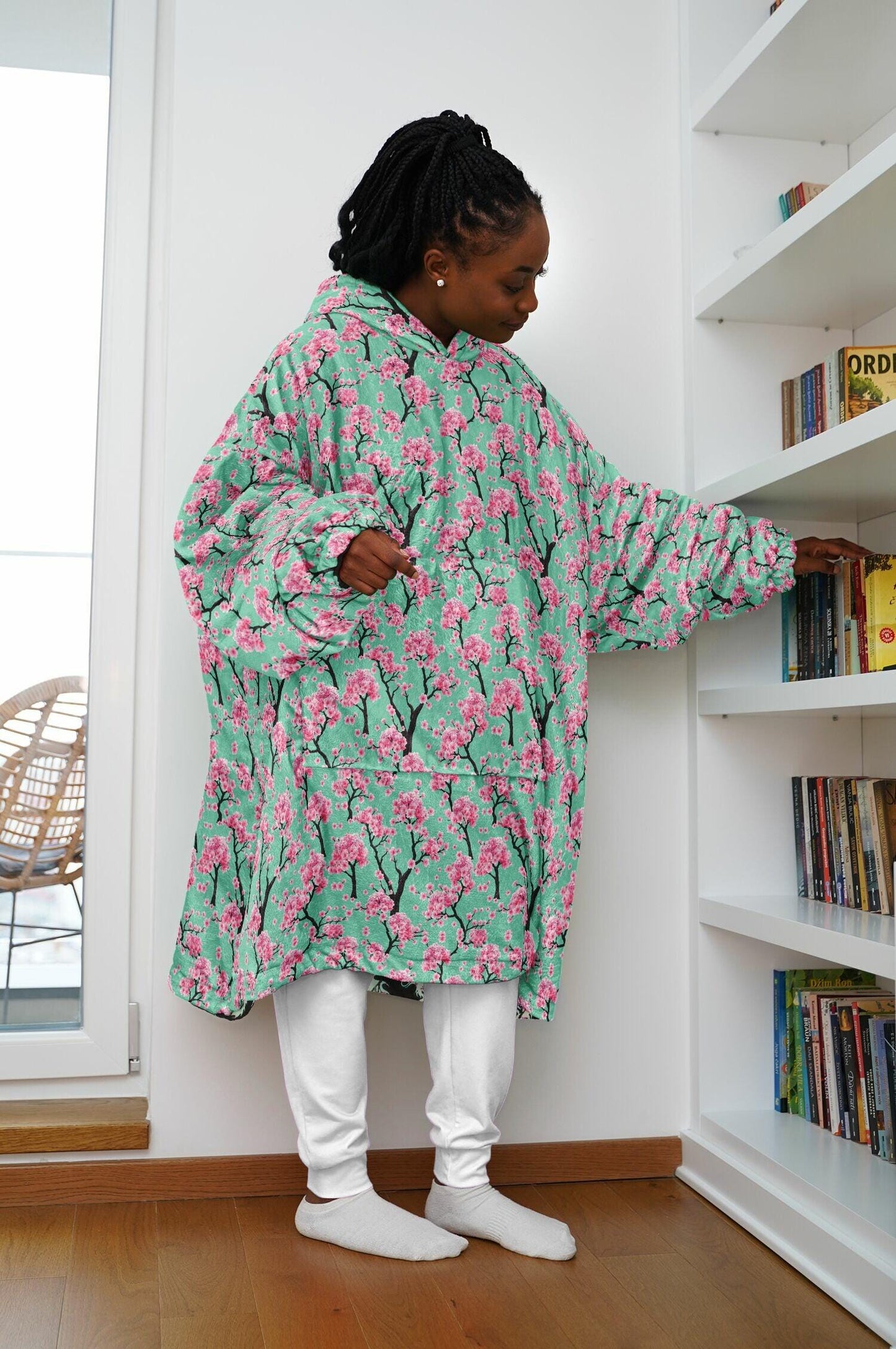 Reversible Snug Hoodie Arizona Green Tea Print Fluffy Hoodie Floral Wearable Blanket with Hood Cherry Blossom Giant Snuggie