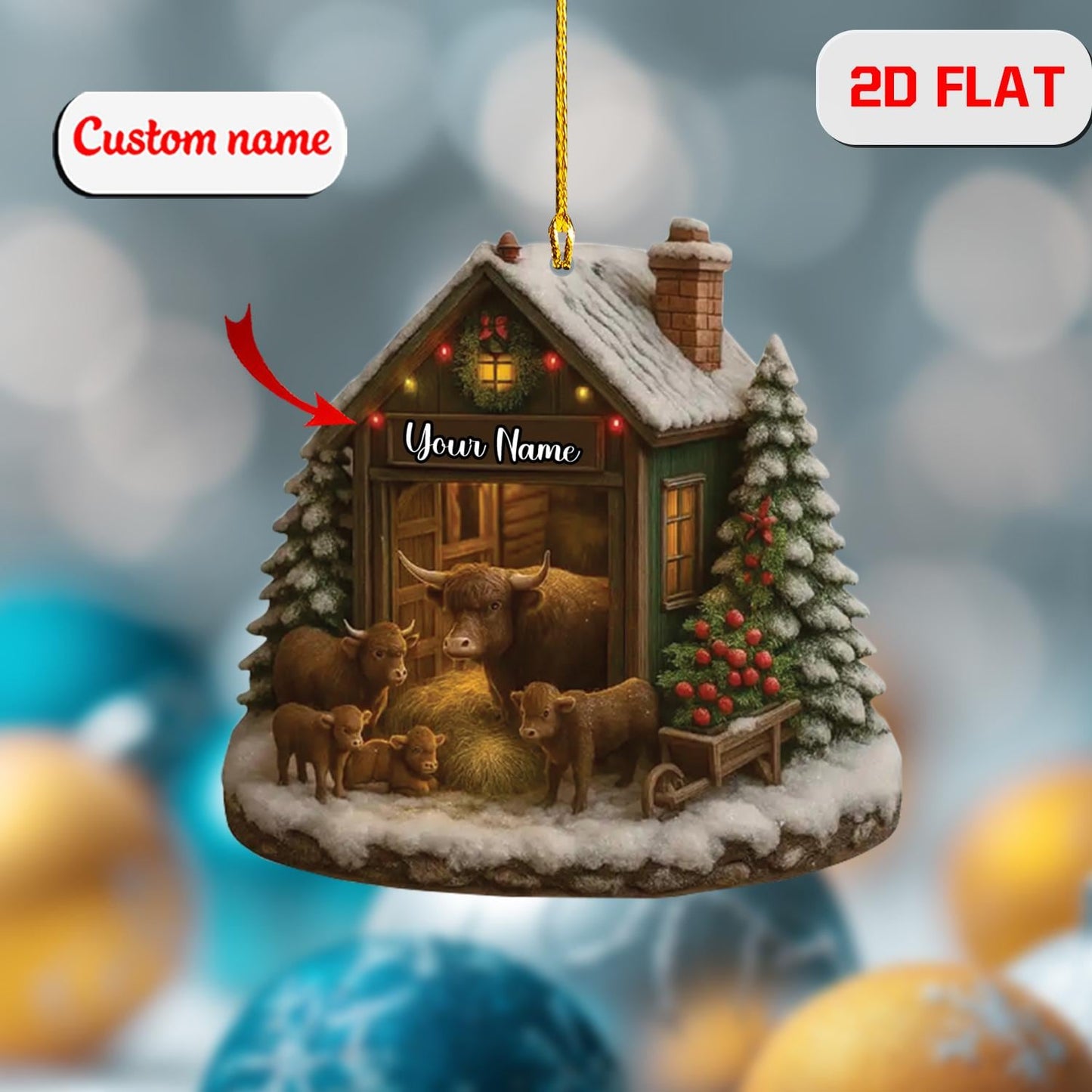 2D Acrylic Christmas Ornament, Custom Name Farmhouse Barn Decor, Personalized Country Ornament, Holiday Gift for Farmer, Rustic Xmas Tree