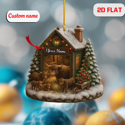 2D Acrylic Christmas Ornament, Custom Name Farmhouse Barn Decor, Personalized Country Ornament, Holiday Gift for Farmer, Rustic Xmas Tree
