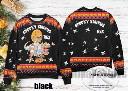 Spooky Saurus Rex Ugly Xmas Sweater – Funny Dinosaur HalloweenChristmas Sweater, T-Rex Mummy Skeleton Pumpkin Pullover, Ugly Xmas Sweater