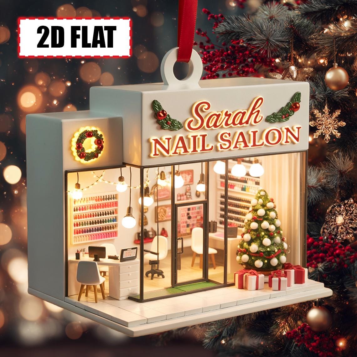 Custom Nail Salon Christmas Ornament – Flat 2D Acrylic Tree Decoration, Personalized Salon Gift, Beauty Shop Holiday Decor Keepsake