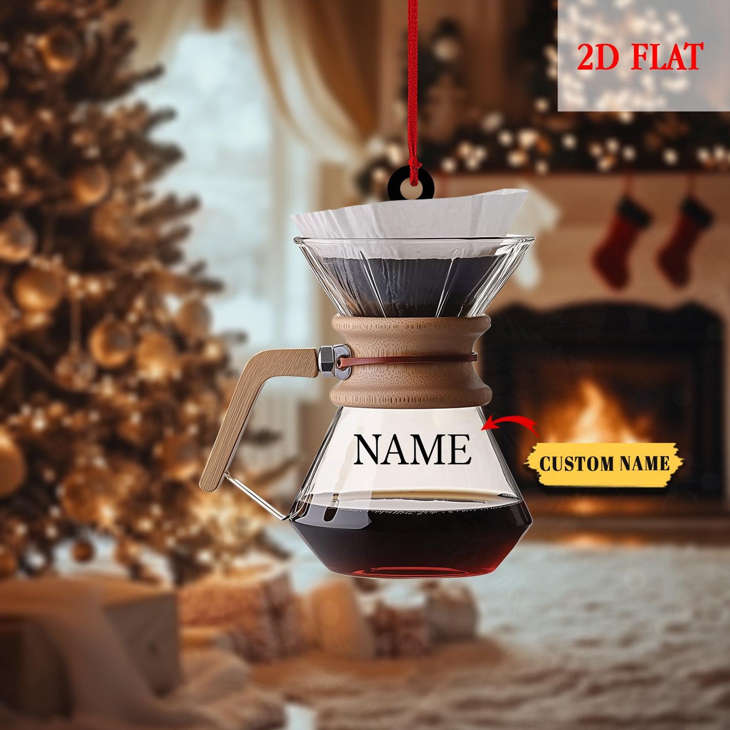 Personalized Coffee Pot Holiday Acrylic Ornament, Faux Glass Pour Over Brewer Acrylic Ornament, Coffee Lover Barista Christmas Decor Gift