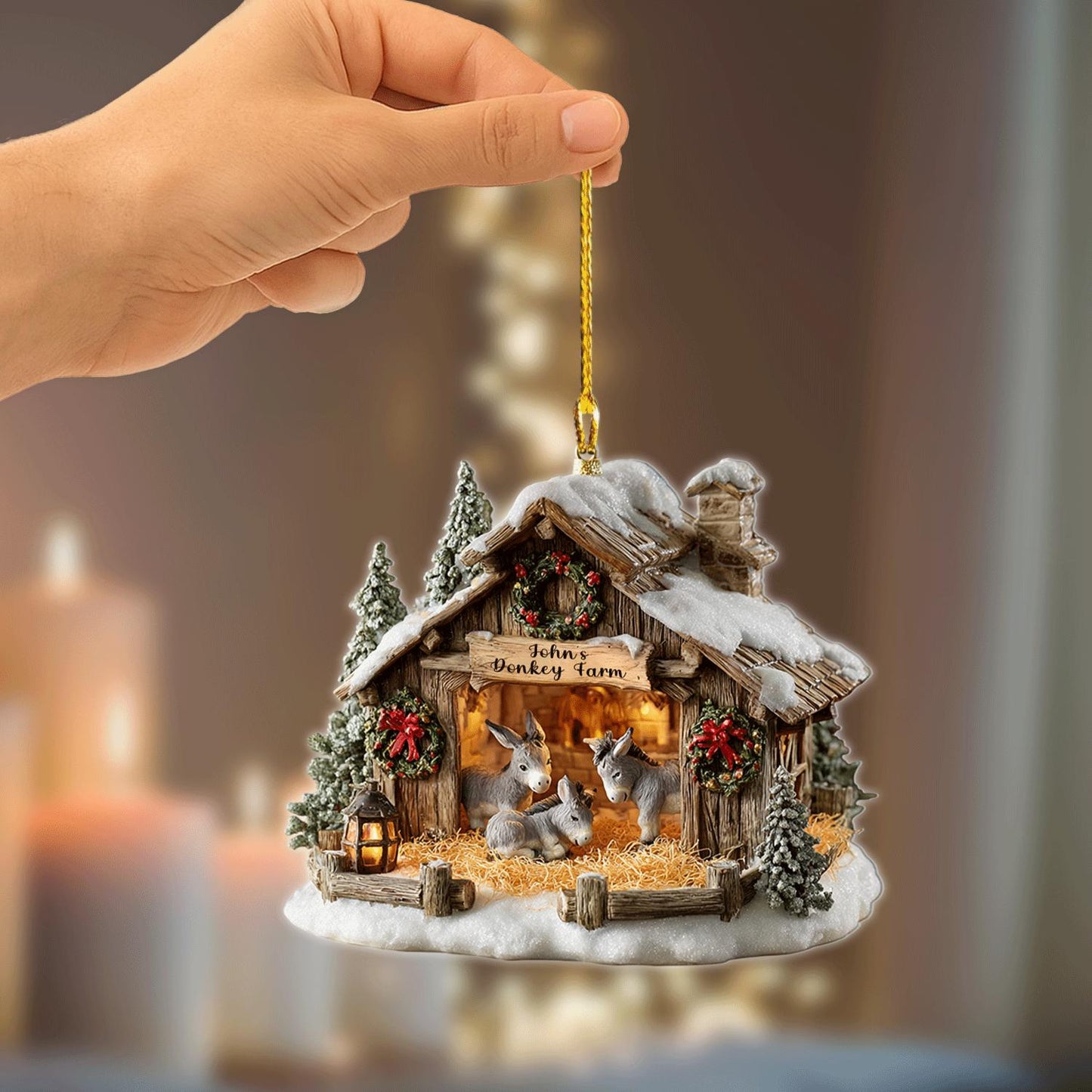 Personalized Donkey Farm Christmas Ornament | Rustic Barn Holiday Decor | Country Stable Gift for Donkey Lovers, 2D Flat ornament