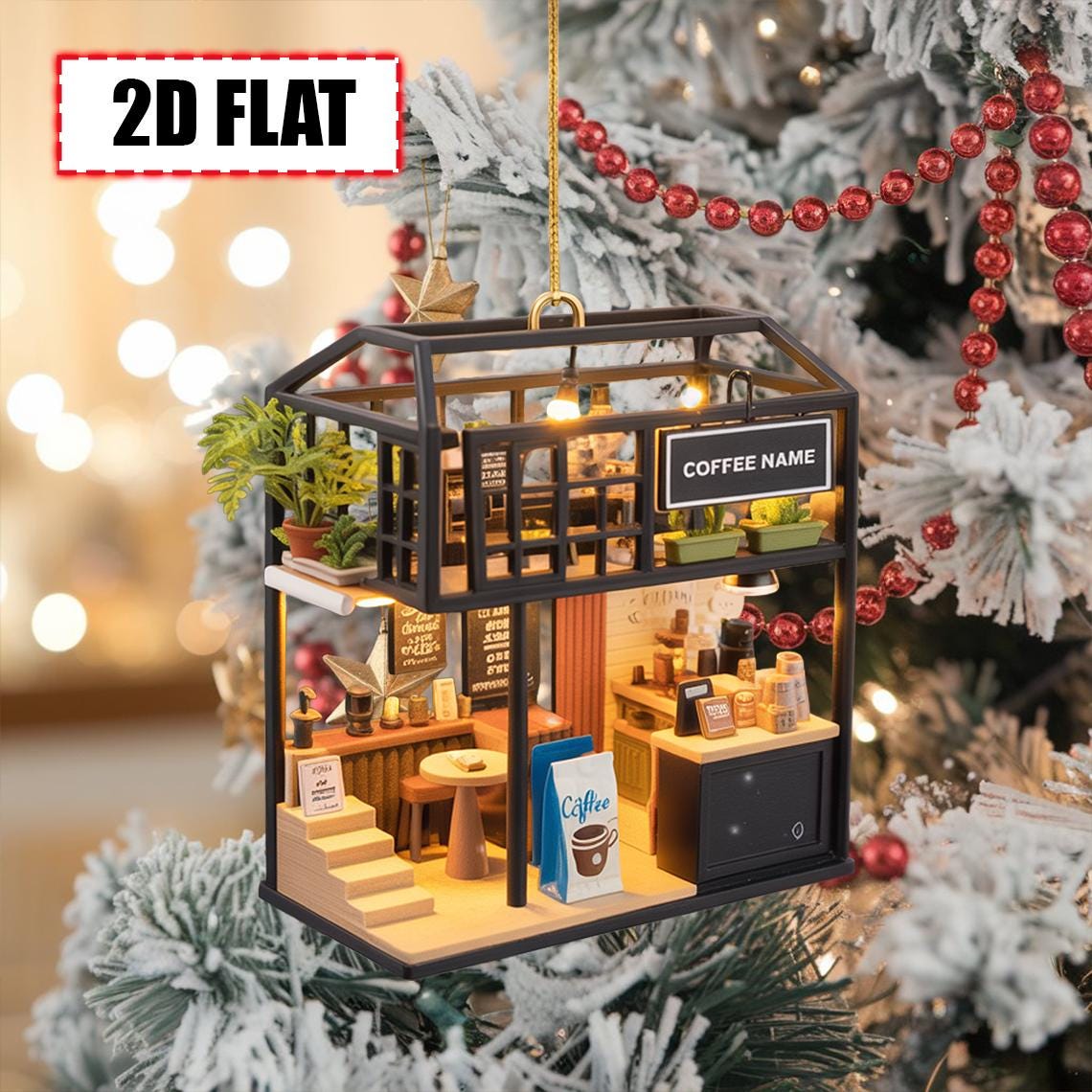 Personalized Coffee Shop Christmas Ornament Tree Hanging Decor Flat 2D Acrylic Custom Café Gift for Coffee Lovers, Baristas, Café Owners