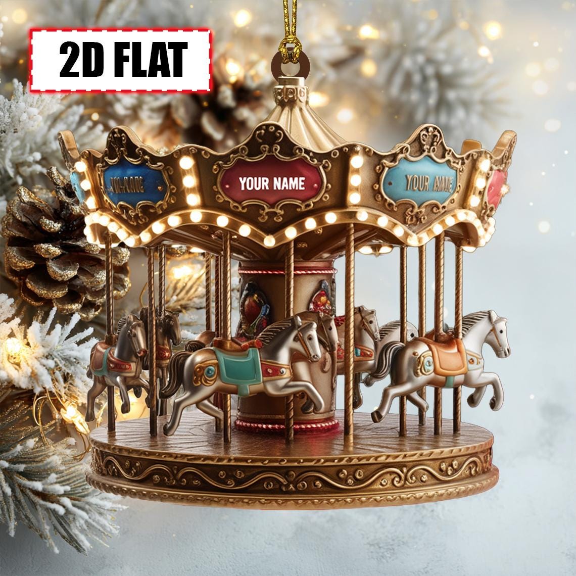 Personalized Carousel Christmas Ornament Tree Hanging Decor Flat 2D Acrylic Custom Merry-Go-Round Gift for Kids, Families, Amusement Park