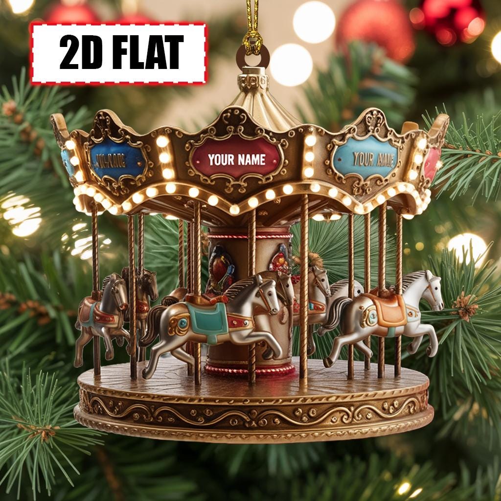 Personalized Carousel Christmas Ornament Tree Hanging Decor Flat 2D Acrylic Custom Merry-Go-Round Gift for Kids, Families, Amusement Park