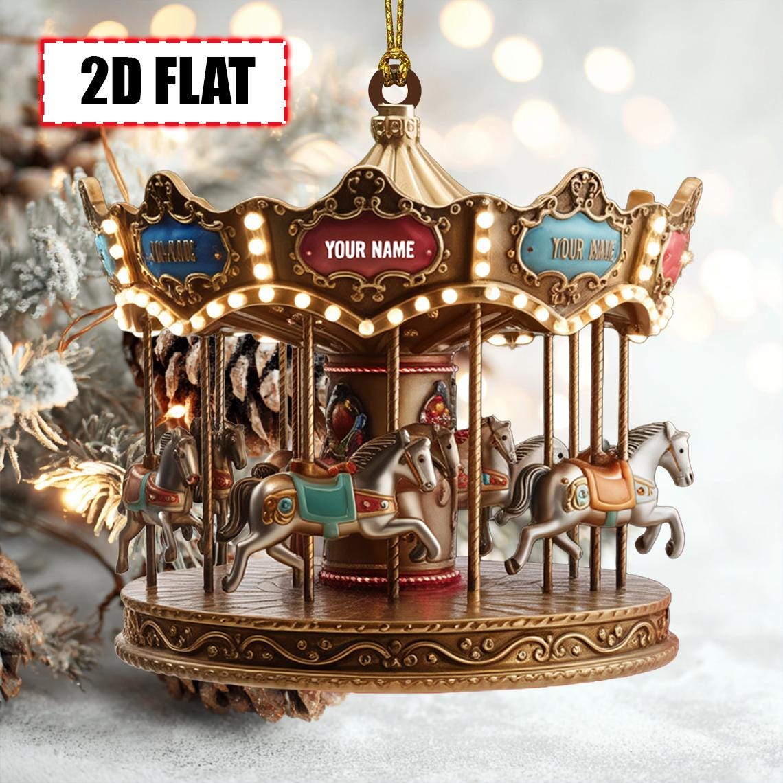 Personalized Carousel Christmas Ornament Tree Hanging Decor Flat 2D Acrylic Custom Merry-Go-Round Gift for Kids, Families, Amusement Park