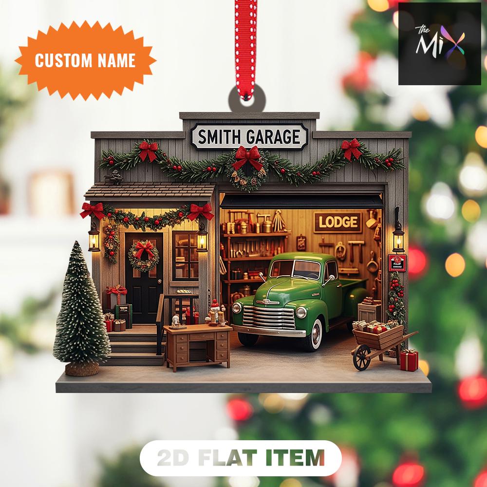 Personalized Garage Christmas Ornament, Classic Truck Tree Decoration, Mechanic Holiday Acrylic Ornament, 2D Flat