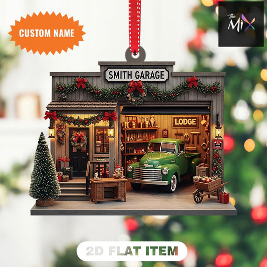 Personalized Garage Christmas Ornament, Classic Truck Tree Decoration, Mechanic Holiday Acrylic Ornament, 2D Flat