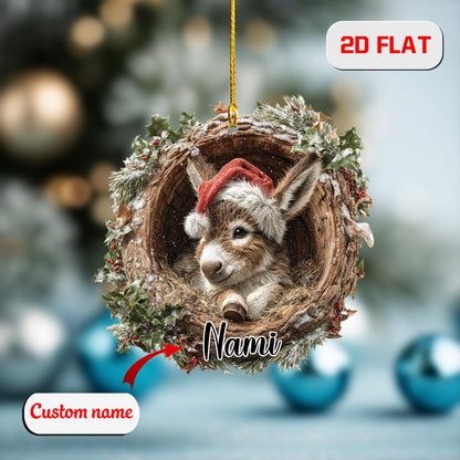 Custom 2D Donkey Ornament – Personalized Baby Donkey in Christmas Wreath Acrylic Decoration, Cute Animal Lover Gift, Holiday Farm Keepsake