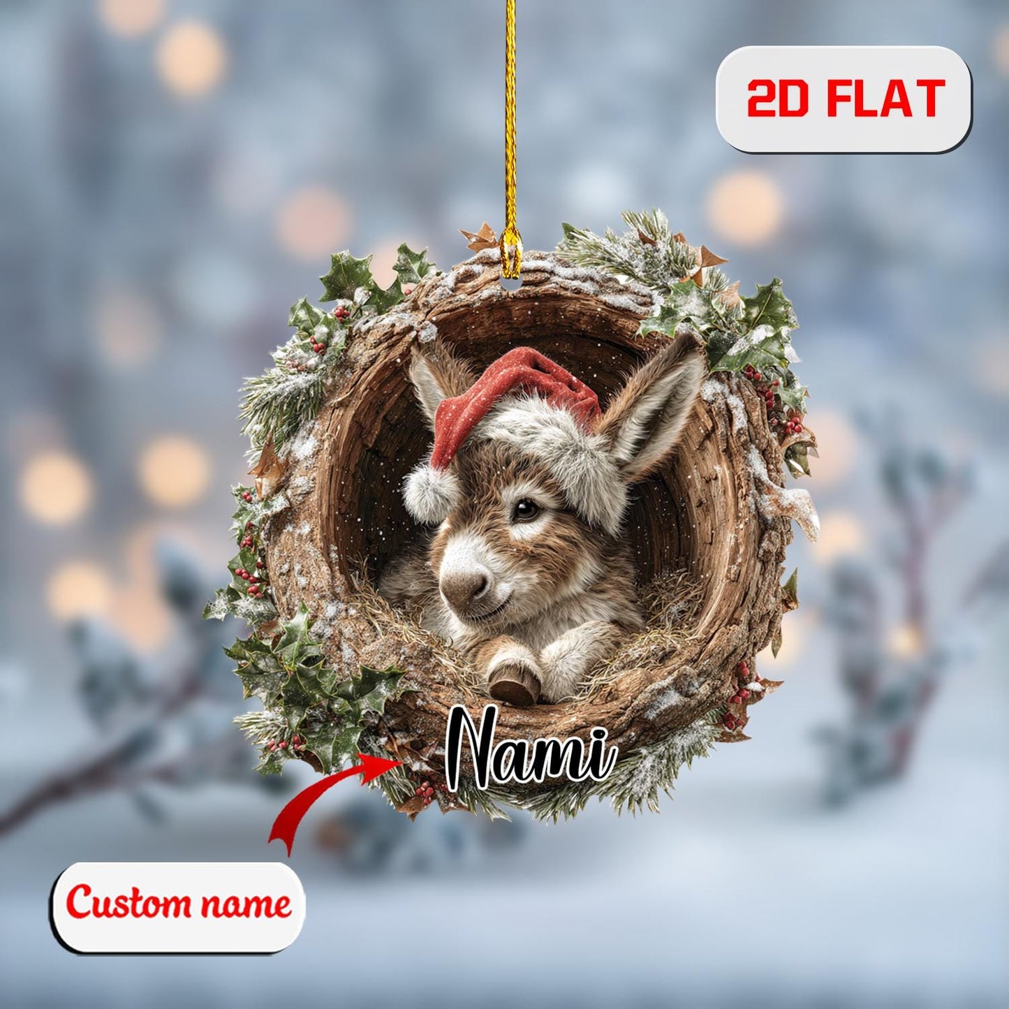 Custom 2D Donkey Ornament – Personalized Baby Donkey in Christmas Wreath Acrylic Decoration, Cute Animal Lover Gift, Holiday Farm Keepsake