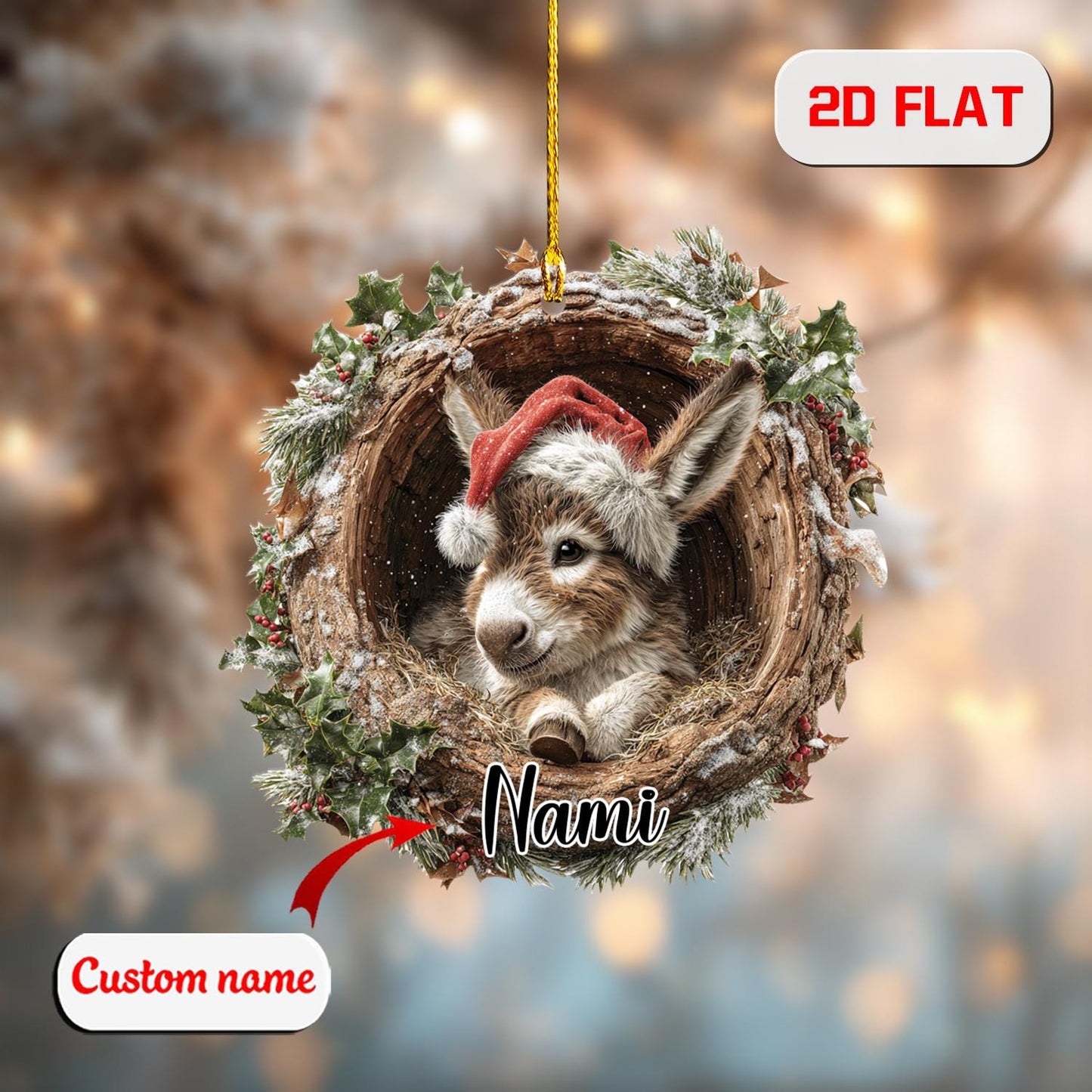 Custom 2D Donkey Ornament – Personalized Baby Donkey in Christmas Wreath Acrylic Decoration, Cute Animal Lover Gift, Holiday Farm Keepsake