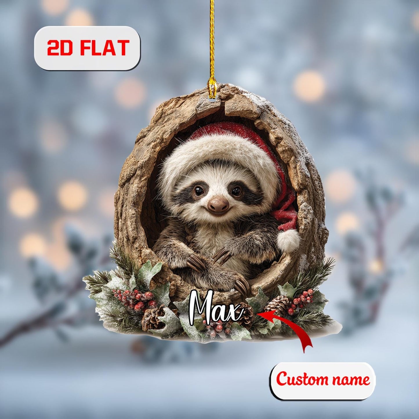 Custom 2D Sloth Ornament – Personalized Christmas Acrylic Decoration with Cute Sloth in Wreath, Unique Animal Lover Gift & Holiday Keepsake
