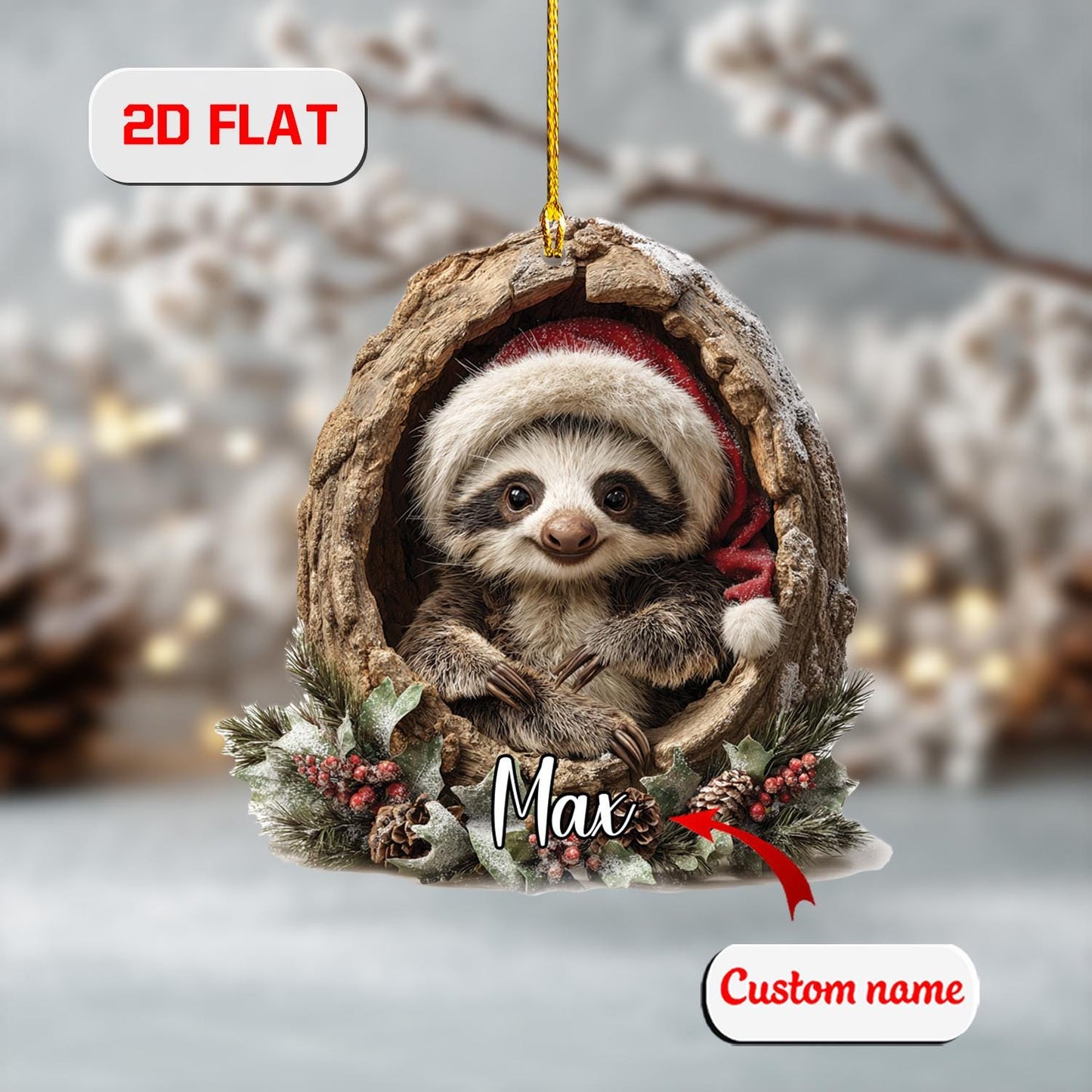 Custom 2D Sloth Ornament – Personalized Christmas Acrylic Decoration with Cute Sloth in Wreath, Unique Animal Lover Gift & Holiday Keepsake