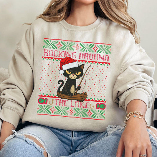 Rockin' Around the Christmas Tree Shirt Gift for Fisherman Ugly Christmas Fishing Gift Ideas Gift for Dad Cat Dad Christmas