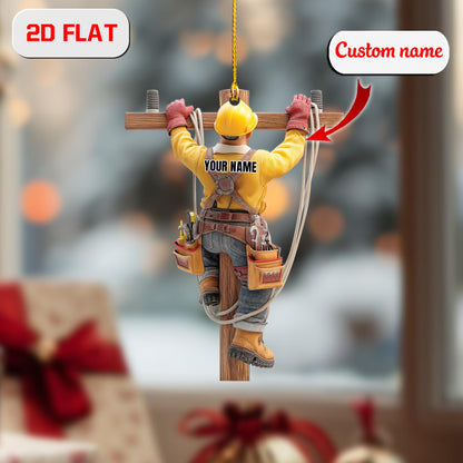 2D Flat Lineman Ornament, Personalized Electrician Gift, Custom Name Power Lineman Decor, Utility Worker Christmas Ornament Keepsake