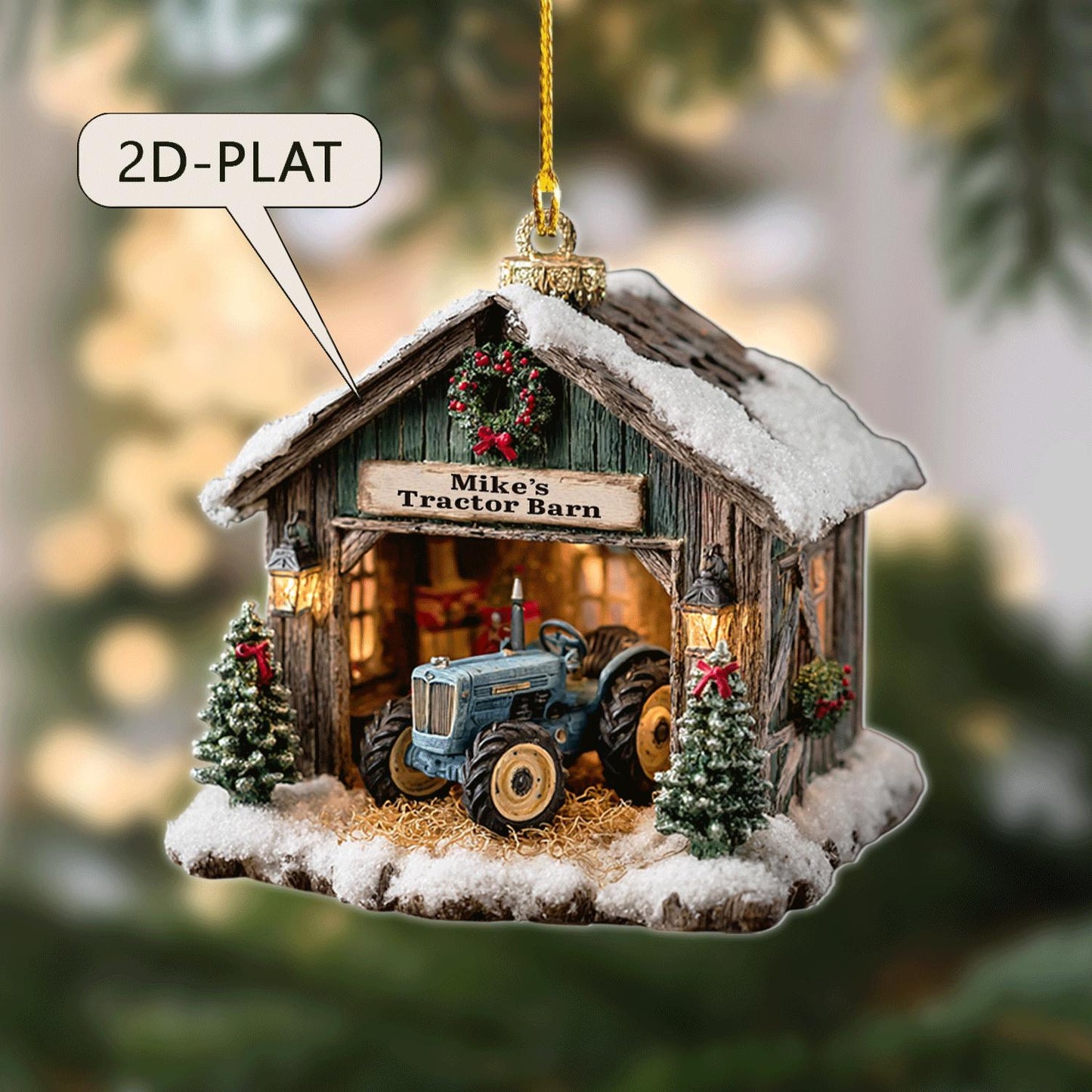 Personalized Tractor Barn Ornament, Custom Farm Christmas Decoration, Rustic Holiday Gift for Farmers & Collectors, 2D Flat ornament