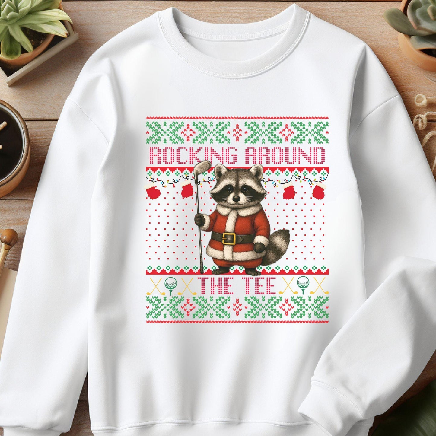 Rockin' Around the Christmas Tree Shirt Santa Claus Golfing Golf Ugly Sweater Funny Raccoon Shirt Funny Secret Santa Gift Ideas