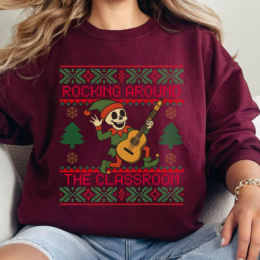 Rockin' around the Christmas Tree Shirt Ugly Christmas Sweater For Teacher Dancing Skeleton Sweatshirt Funny Christmas Sweater
