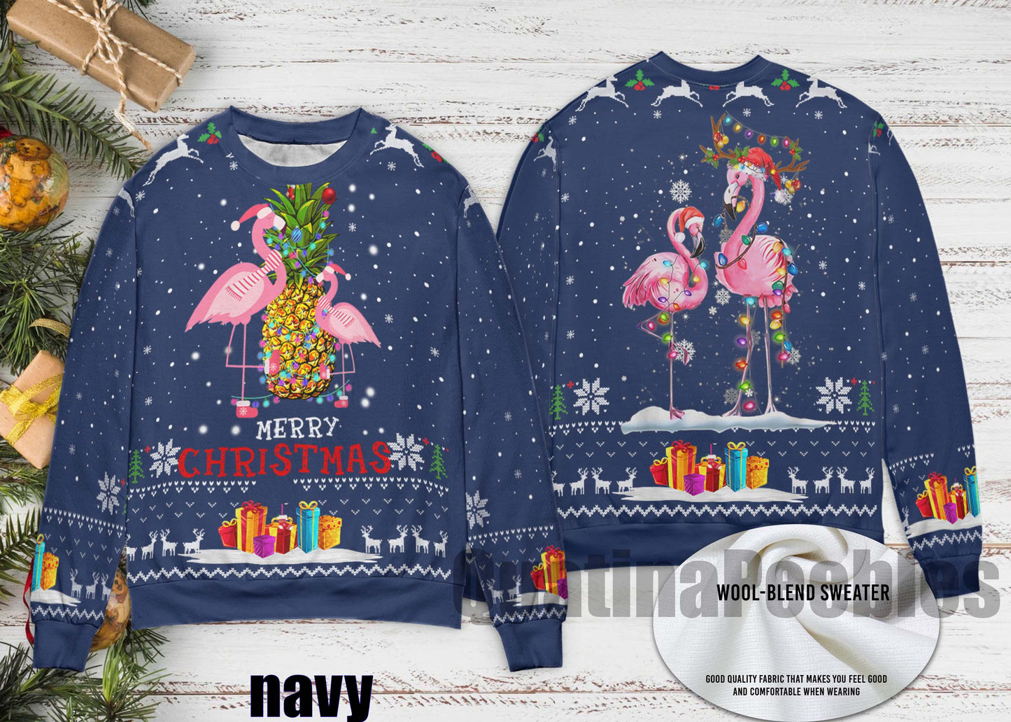 Flamingo Christmas Tree Pineapple Ugly Christmas Sweater, Santa Reindeer Flamingo Christmas Sweater, Xmas Sweater, Gift For Men Women