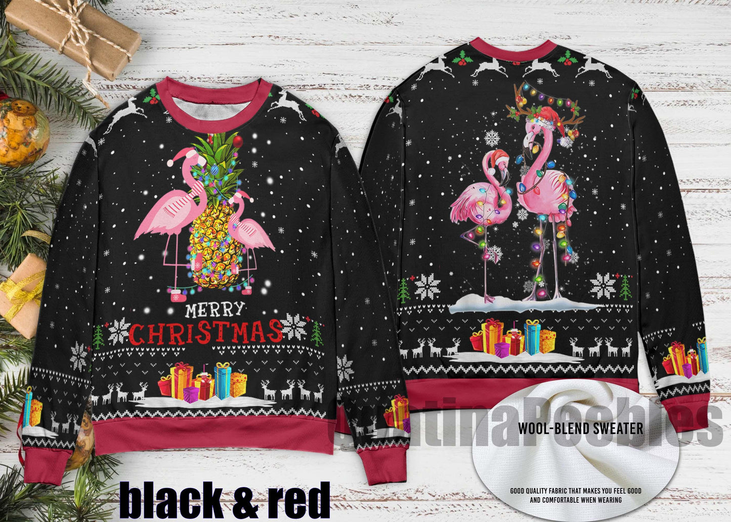 Flamingo Christmas Tree Pineapple Ugly Christmas Sweater, Santa Reindeer Flamingo Christmas Sweater, Xmas Sweater, Gift For Men Women