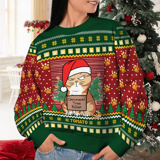 Personalized Funny Cat Christmas Ugly Sweatshirt, Christmas Tree Killer Sweater, Holiday Sweatshirt, Gift for Cat Lovers, Xmas Gift