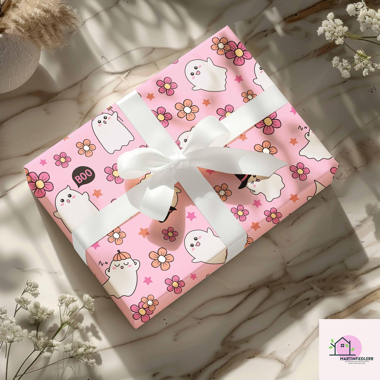 Floral Ghost Halloween Wrapping Paper: Pastel Kids Party Decor