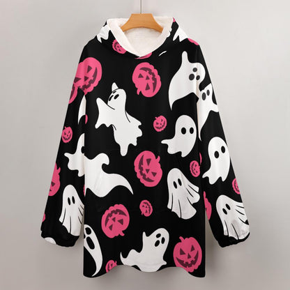 Oversized Pink Ghost Hoodie Blanket | Wearable Winter Blanket with Front Pocket, Jack o Lantern Ghost Blanket with Hoodie