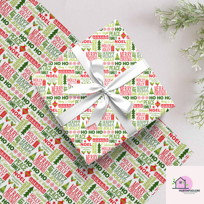 Christmas Typography Wrapping Paper: Red & Green Holiday Word Art