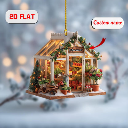 2D greenhouse acrylic ornament, personalized garden Christmas decor, custom name ornament, holiday tree decoration, gift for gardeners