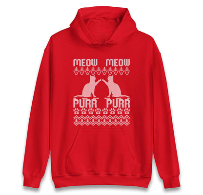 Meow Meow Purr Purr Ugly Christmas Jumper with Cute Cats Design, Funny Xmas Cat Hoodie, Holiday Kitten Lover T Shirt, Festive Gift Top