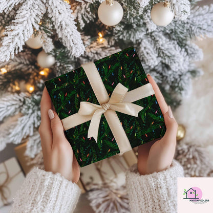 Christmas Lights Wrapping Paper, Black Evergreen Holiday Gift Wrap Sheets, Festive Pine Branch Xmas Packaging, Dark Night Winter Party Style