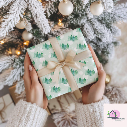 Watercolor Christmas Tree Wrapping Paper, Mint Green Holiday Gift Wrap Sheets, Winter Snow Dot Packaging, Minimal Festive Nature Style