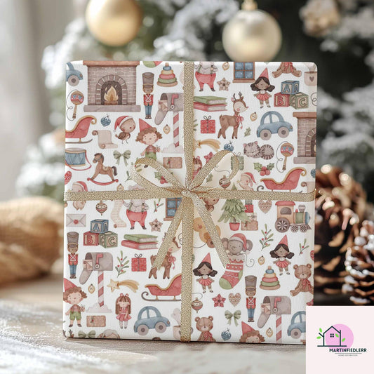 Vintage Toy Shop Christmas Wrapping Paper: Festive Elf & Reindeer Gift Wrap