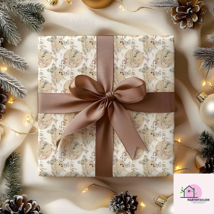 Boho Butterfly Wrapping Paper: Beige Wildflower Gift Wrap
