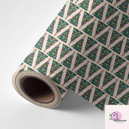 Christmas Tree Wrapping Paper, Pink Holiday Gift Wrap Sheets, Festive Green Red Blue Ornament Packaging, Modern Winter Party Style