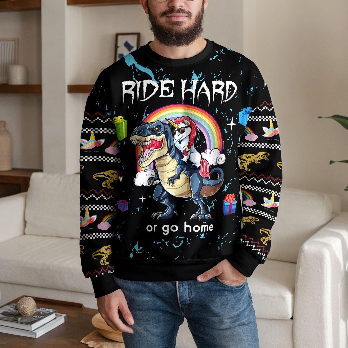 Funny Dinosaur Unicorn Ride Hard 3D Printed Mens Ugly Christmas Sweater Winter Unisex Casual Knit Sweater, Winter Holiday Knit Sweater