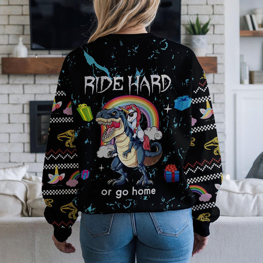 Funny Dinosaur Unicorn Ride Hard 3D Printed Mens Ugly Christmas Sweater Winter Unisex Casual Knit Sweater, Winter Holiday Knit Sweater